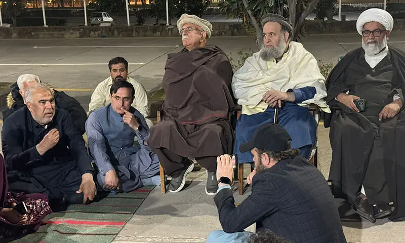 PTI and TTAP leaders stage a sit-in outside Parliament House for a second day to demand proper medical care for Imran Khan, on February 14. &mdash; X/@TTAP_OFFICIAL