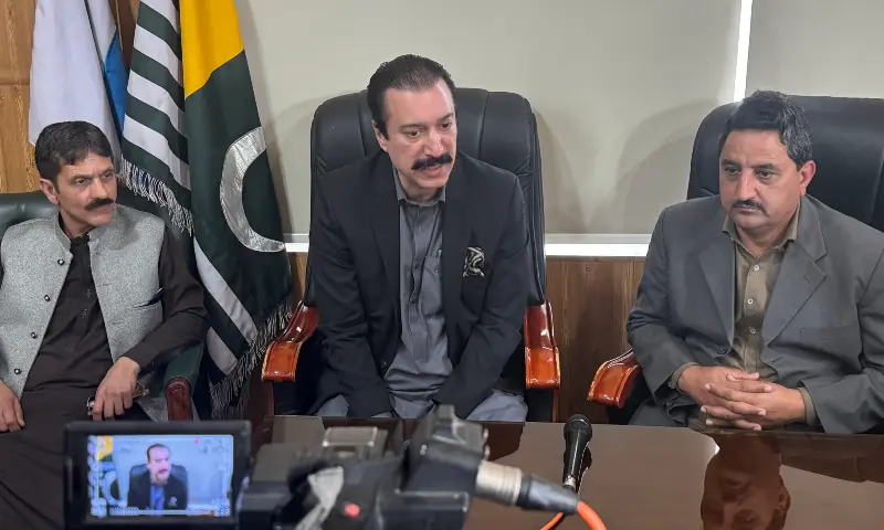 AJK Prime Minister Faisal Mumtaz Rathore speaks to media persons during his visit to press club to felicitate its newly elected office bearers. &mdash; Photo by author