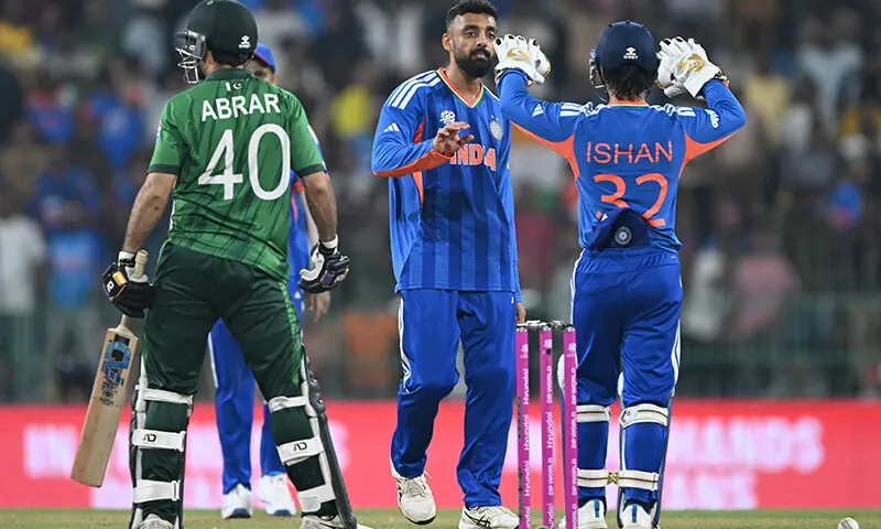 India&rsquo;s Varun Chakravarthy (C) celebrates with wicketkeeper Ishan Kishan after taking the wicket of Pakistan&rsquo;s Abrar Ahmed during the 2026 ICC Men&rsquo;s T20 Cricket World Cup group stage match between India and Pakistan at the R Premadasa Stadium in Colombo, Sri Lanka on February 15. &mdash; AFP