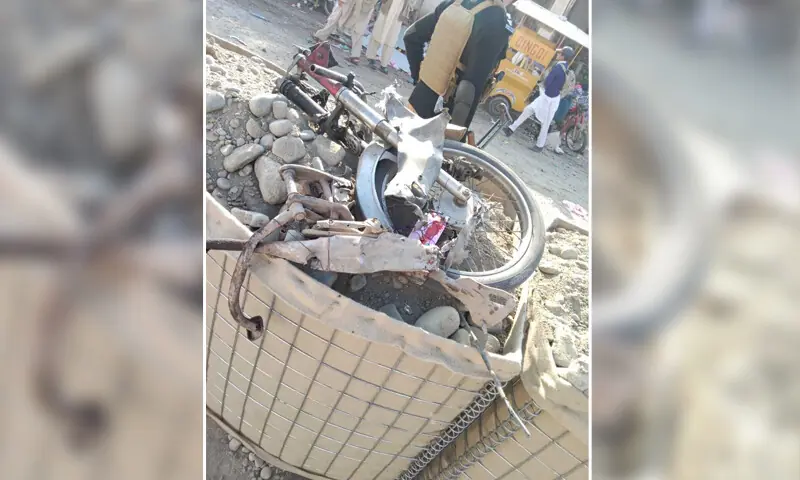 The remnants of a motorcycle after an explosion near Miryan Police Station in KP&rsquo;s Bannu that killed 2 people on Feb 16. &mdash; photo via author
