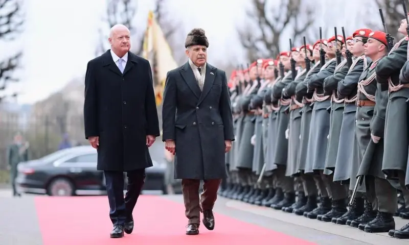 Austria&rsquo;s Federal Chancellor Christian Stocker with Prime Minister Shehbaz Sharif on February 16 in Vienna. &mdash; Photo via X/@GovtofPakistan