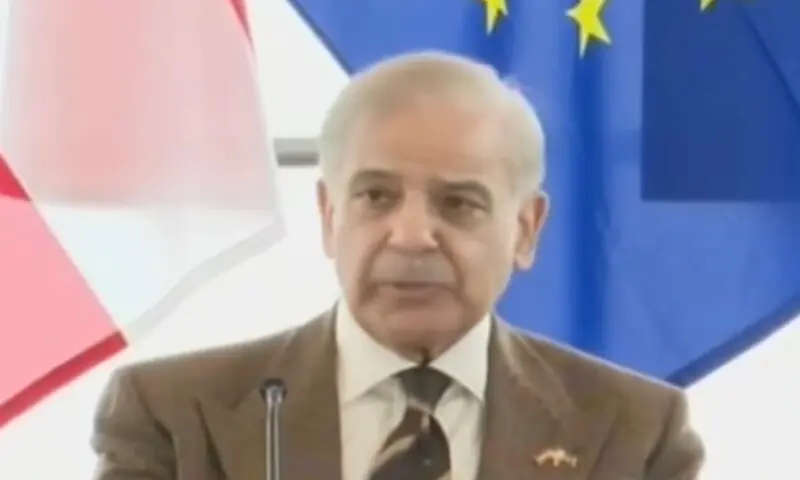 Prime Minister Shehbaz Sharif addresses the Pakistan-Austria Business Forum on February 16. &mdash; DawnNewsTV