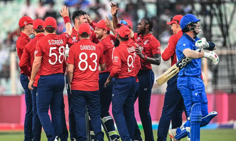 England&rsquo;s players celebrate after the dismissal of Italy&rsquo;s captain Harry Manenti (R) during the 2026 ICC Men&rsquo;s T20 Cricket World Cup group stage match between England and Italy at the Eden Gardens in Kolkata on February 16, 2026. &mdash; AFP