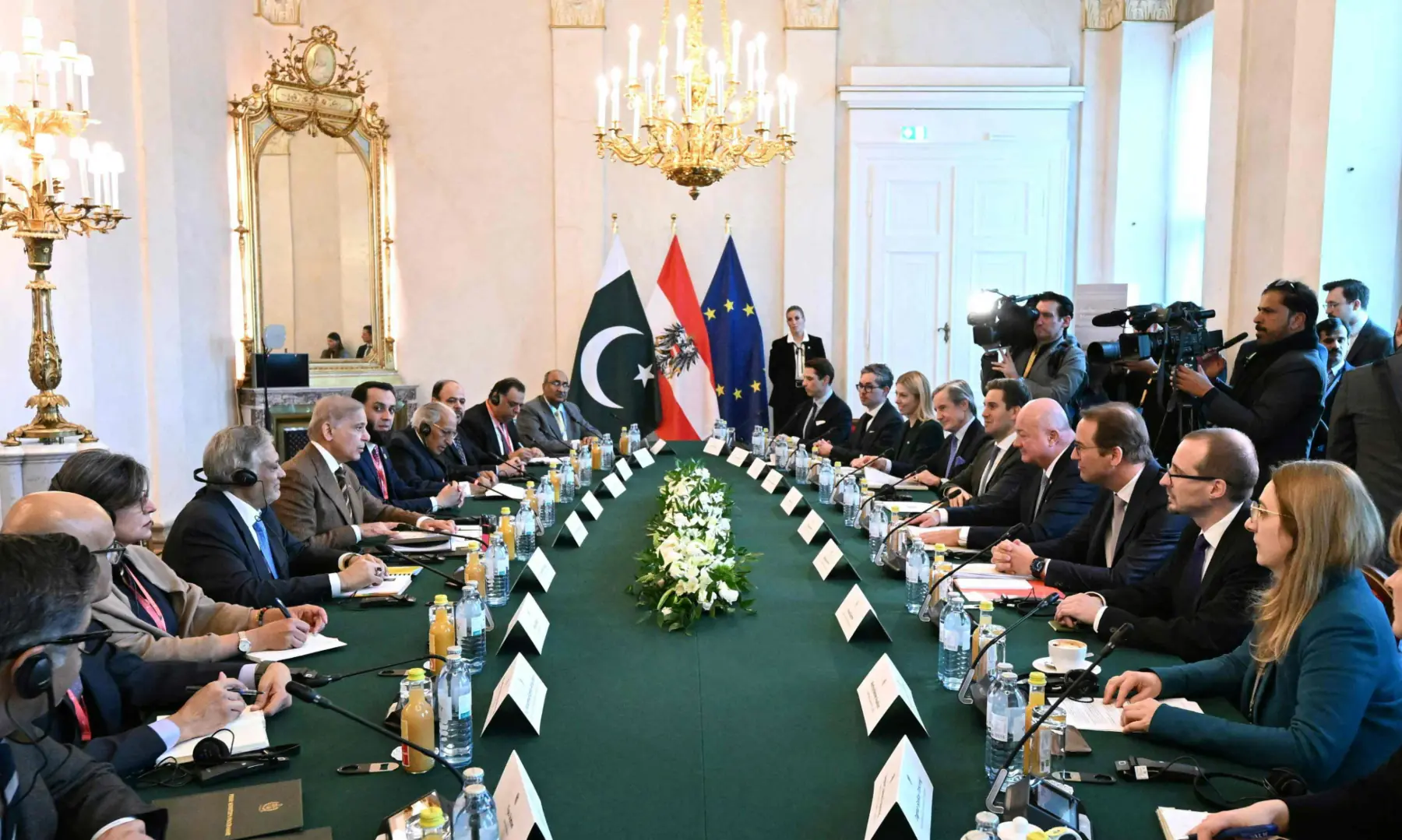 Austria&rsquo;s Chancellor Christian Stocker (C-R) and Pakistan&rsquo;s Prime Minister Shehbaz Sharif (C-L) attend a bilateral meeting during an official visit to Vienna, Austria on Feb 16, 2026. &mdash; AFP