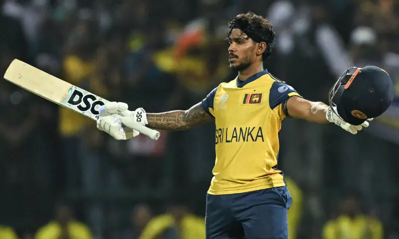 Sri Lanka&rsquo;s Pathum Nissanka celebrates after scoring a century (100 runs) during the 2026 ICC Men&rsquo;s T20 Cricket World Cup group stage match between Australia and Sri Lanka at Pallekele International Cricket Stadium in Kandy on February 16, 2026. &mdash; AFP
