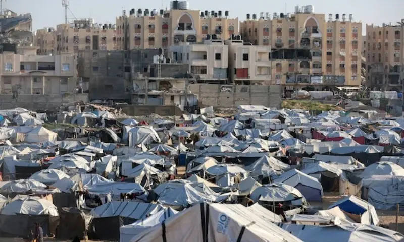 Palestinians displaced during the two-year Israeli offensive shelter at a tent camp in Khan Younis in the southern Gaza Strip, February 10, 2026. &mdash;Reuters