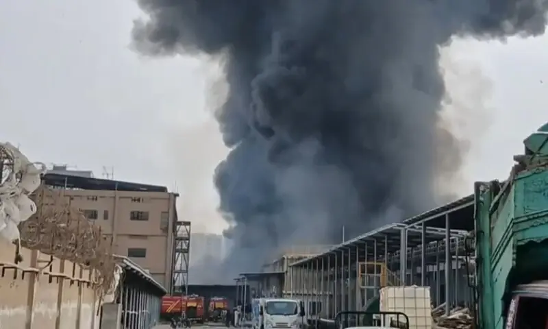 Plumes of smoke could be seen rising in this screengrab taken from footage of the fire, which broke out at a factory in Karachi’s site area on February 17. — Photo via author Plumes of smoke could be seen rising in this screengrab taken from footage of the fire, which broke out at a factory in Karachi’s site area on February 17. — Photo via author