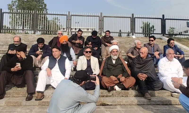 TTAP and PTI leaders stand at Parliament House, where they are staging a sit-in over Imran Khan&rsquo;s health concerns. &mdash; DawnNewsTV