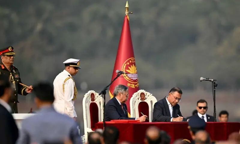 Bangladesh Nationalist Party (BNP) chairman Tarique Rahman (3R) signs after taking oath as prime minister, in Dhaka on February 17, 2026. — AFP Bangladesh Nationalist Party (BNP) chairman Tarique Rahman (3R) signs after taking oath as prime minister, in Dhaka on February 17, 2026. — AFP