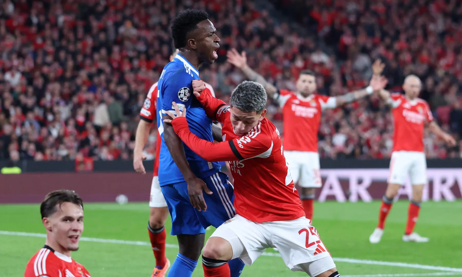 Real Madrid’s Brazilian forward #07 Vinicius Junior fights for the ball with SL Benfica’s Argentine forward #25 Gianluca Prestianni during the UEFA Champions League knockout round play-off first leg football match between SL Benfica and Real Madrid CF at Estadio da Luz in Lisbon on Feb 17, 2026. — AFP Real Madrid’s Brazilian forward #07 Vinicius Junior fights for the ball with SL Benfica’s Argentine forward #25 Gianluca Prestianni during the UEFA Champions League knockout round play-off first leg football match between SL Benfica and Real Madrid CF at Estadio da Luz in Lisbon on Feb 17, 2026. — AFP