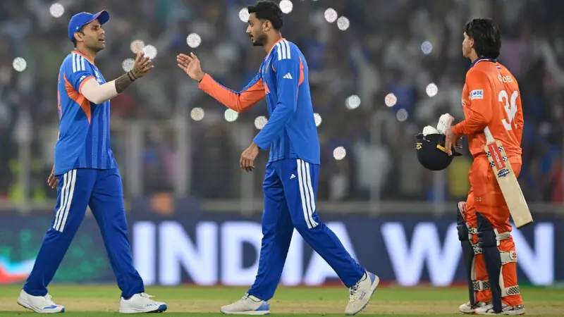 India&rsquo;s Axar Patel and captain Suryakumar Yadav celebrate after their win in the 2026 ICC Men&rsquo;s T20 Cricket World Cup group stage match against Netherlands at the Narendra Modi Stadium in Ahmedabad on February 18, 2026. &mdash; AFP