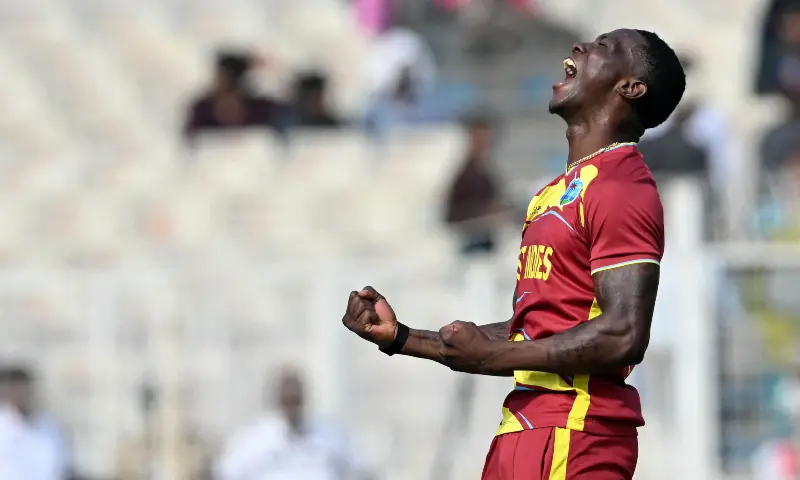 West Indies&rsquo; Shamar Joseph celebrates after taking the wicket of Italy&rsquo;s Ali Hasan during the 2026 ICC Men&rsquo;s T20 Cricket World Cup group stage match between West Indies and Italy at the Eden Gardens in Kolkata on February 19. &mdash; AFP
