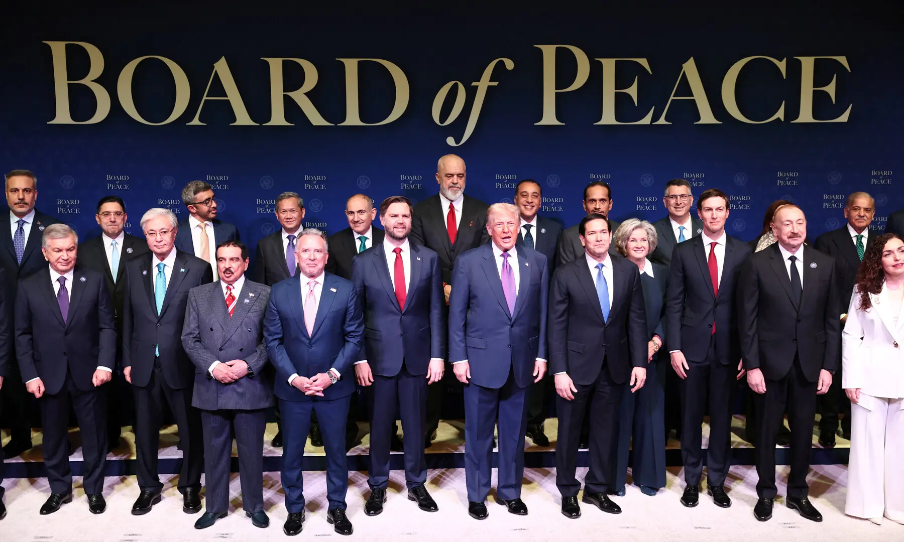 US President Donald Trump, US Vice President JD Vance and US Secretary of State Marco Rubio stand with world leaders participating in the inaugural Board of Peace meeting at the U.S. Institute of Peace in Washington, D.C., on February 19, 2026. — Reuters US President Donald Trump, US Vice President JD Vance and US Secretary of State Marco Rubio stand with world leaders participating in the inaugural Board of Peace meeting at the U.S. Institute of Peace in Washington, D.C., on February 19, 2026. — Reuters
