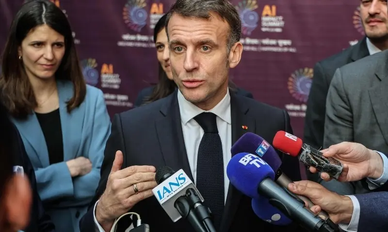 France’s President Emmanuel Macron speaks with media after attending the AI Impact Summit in New Delhi on February 19, 2026. — AFP France’s President Emmanuel Macron speaks with media after attending the AI Impact Summit in New Delhi on February 19, 2026. — AFP