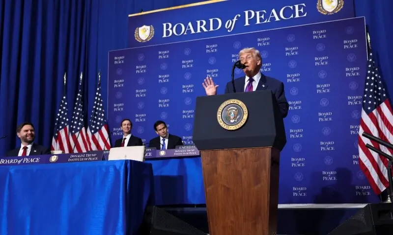 US President Donald Trump speaks at the inaugural Board of Peace meeting at the US Institute of Peace in Washington, DC on February 19. — Reuters US President Donald Trump speaks at the inaugural Board of Peace meeting at the US Institute of Peace in Washington, DC on February 19. — Reuters