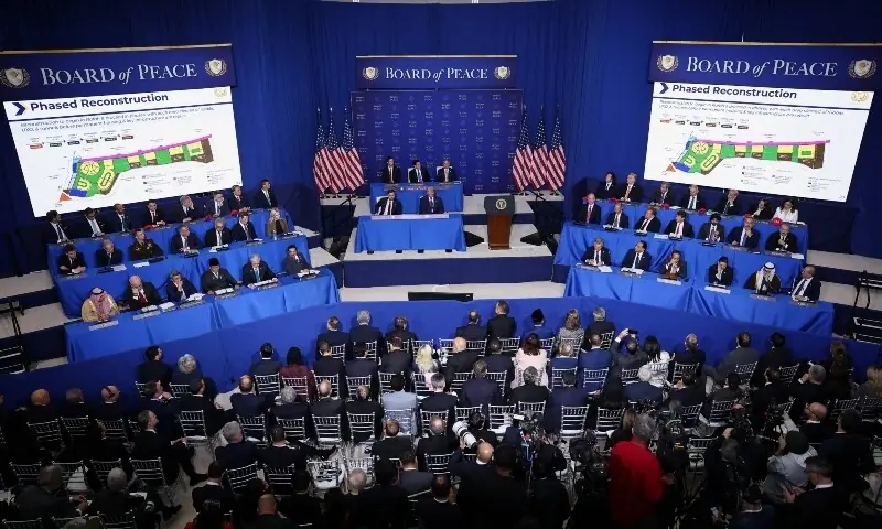 The Board of Peace’s phased reconstruction plan for Palestinian cities of Rafah, Khan Younis and Gaza, is displayed, as US President Donald Trump, Vice President JD Vance, Secretary of State Marco Rubio, Donald Trump’s son-in-law Jared Kushner and US Special Envoy Steve Witkoff attend the inaugural Board of Peace meeting at the US Institute of Peace in Washington, DC, US on February 19, 2026. — Reuters The Board of Peace’s phased reconstruction plan for Palestinian cities of Rafah, Khan Younis and Gaza, is displayed, as US President Donald Trump, Vice President JD Vance, Secretary of State Marco Rubio, Donald Trump’s son-in-law Jared Kushner and US Special Envoy Steve Witkoff attend the inaugural Board of Peace meeting at the US Institute of Peace in Washington, DC, US on February 19, 2026. — Reuters