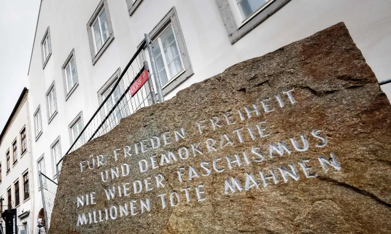 Picture shows a memorial stone reading &ldquo;For Peace, Freedom and Democracy &mdash; Never Again Fascism &mdash; Millions of Dead Warn&rdquo; in front of the birth house of former German dictator Adolf Hitler that is turned into a police station, in Braunau am Inn, Austria on February 17, 2026. &mdash; AFP