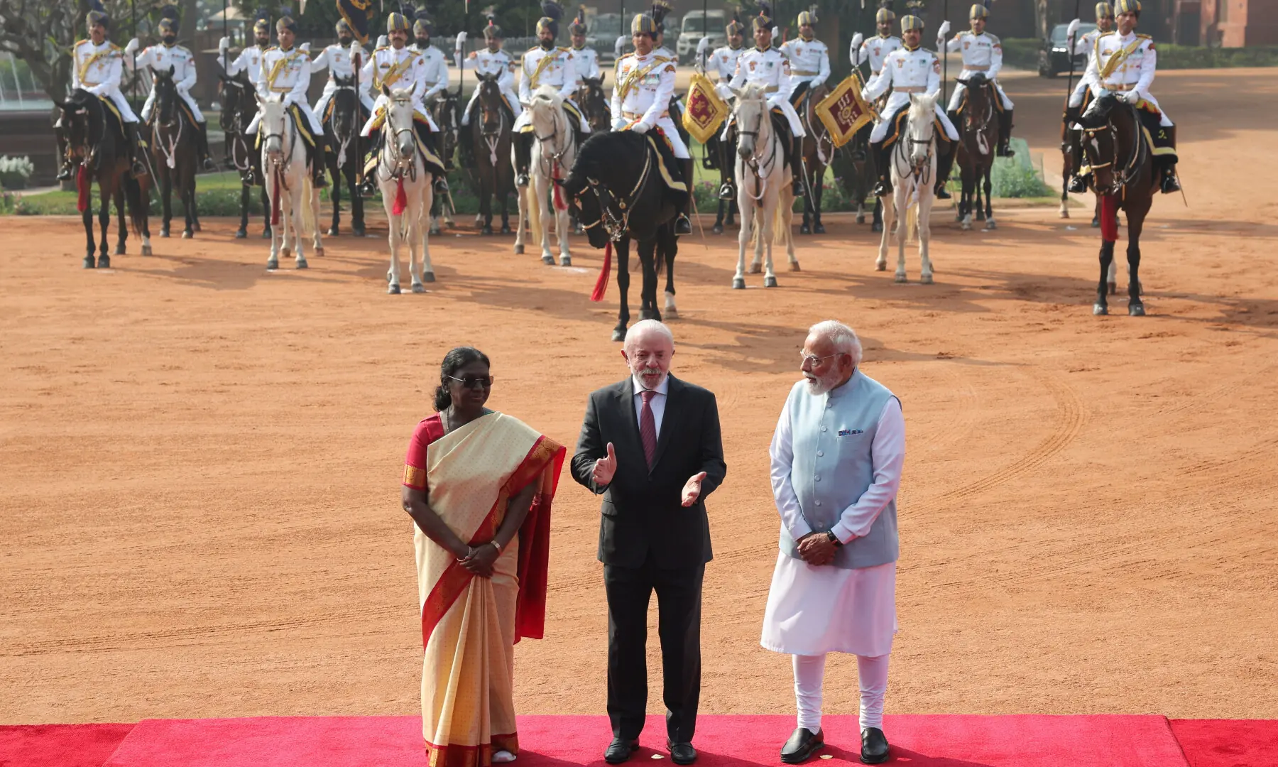 Indian Prime Minister Narendra Modi, Brazilian President Luiz Inacio Lula da Silva and India&rsquo;s President Droupadi Murmu attend a ceremonial reception at Rashtrapati Bhavan in New Delhi on Feb 21, 2026. &mdash; Reuters