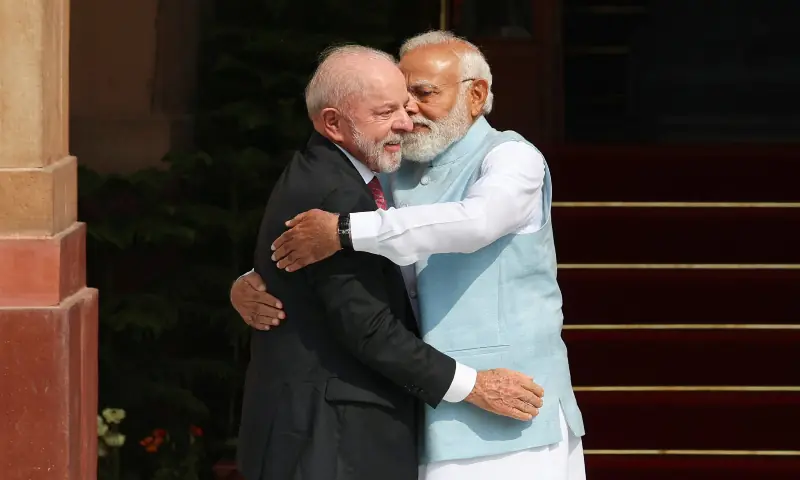 Indian Prime Minister Narendra Modi embraces Brazilian President Luiz Inacio Lula da Silva, ahead of their meeting at Hyderabad House in New Delhi on Feb 21, 2026. &mdash; Reuters