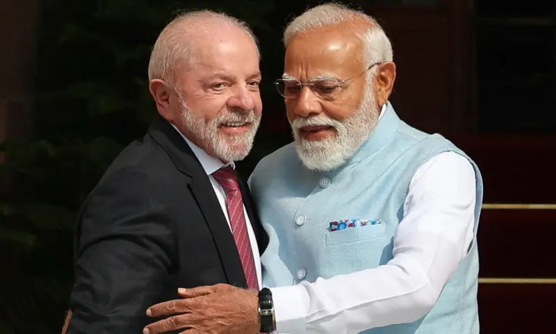 Indian Prime Minister Narendra Modi embraces Brazilian President Luiz Inacio Lula da Silva, ahead of their meeting at Hyderabad House in New Delhi, on Feb 21, 2026. &mdash; Reuters