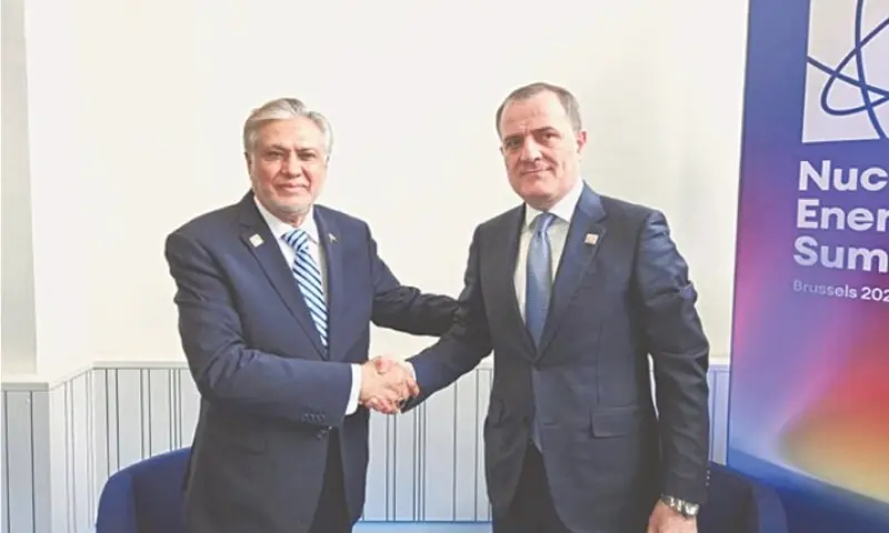 In this file photo, Deputy Prime Minister and Foreign Minister Ishaq Dar shakes hands with Azerbaijan&rsquo;s Foreign Minister Bayramov Jeyhun on the sidelines of Nuclear Energy Summit. &mdash; X / ForeignOfficePk
