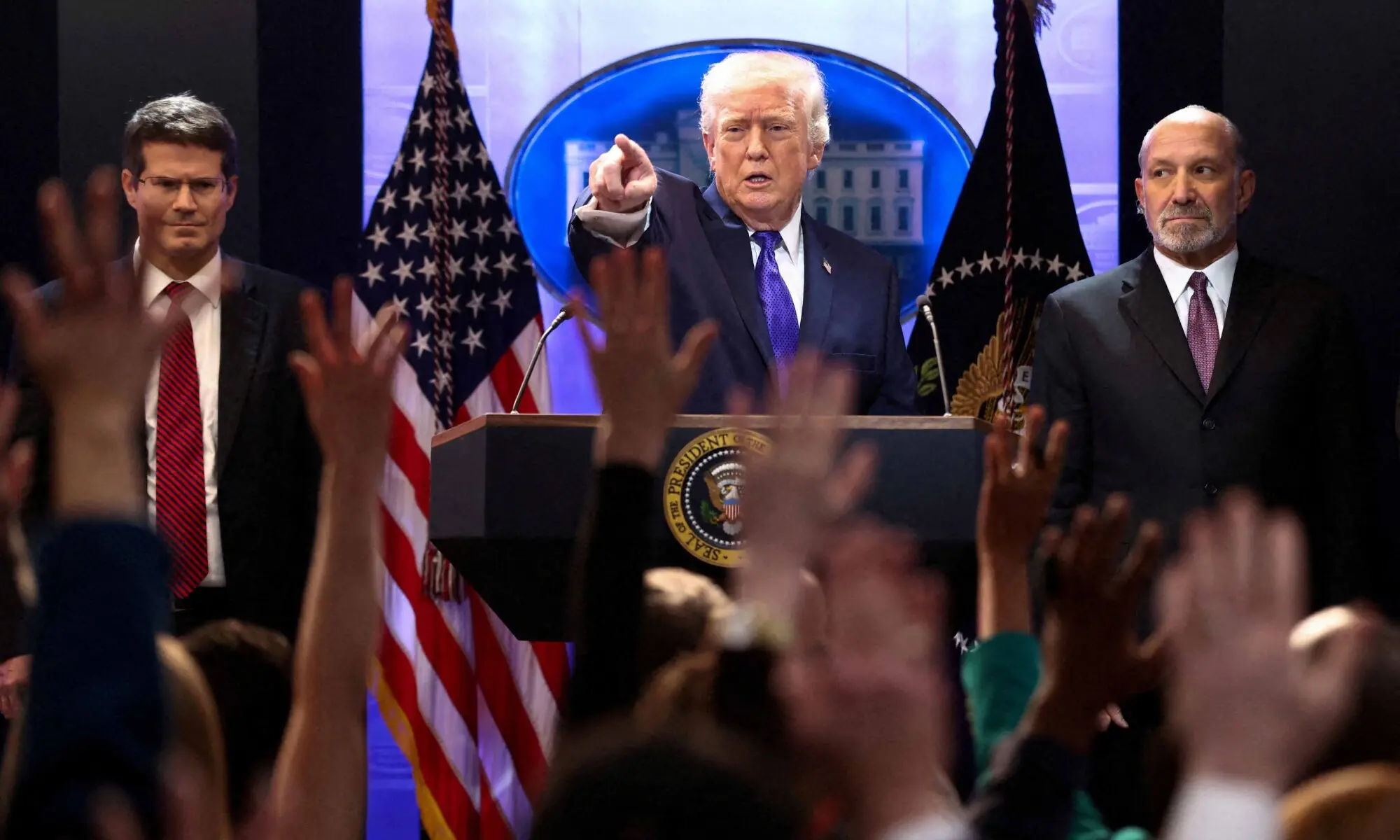 US President Donald Trump, flanked by Secretary of Commerce Howard Lutnick and Solicitor General D. John Sauer, holds a press briefing at the White House, following the Supreme Court’s ruling that Trump had exceeded his authority when he imposed tariffs, in Washington, DC, US on February 20, 2026. — Reuters US President Donald Trump, flanked by Secretary of Commerce Howard Lutnick and Solicitor General D. John Sauer, holds a press briefing at the White House, following the Supreme Court’s ruling that Trump had exceeded his authority when he imposed tariffs, in Washington, DC, US on February 20, 2026. — Reuters