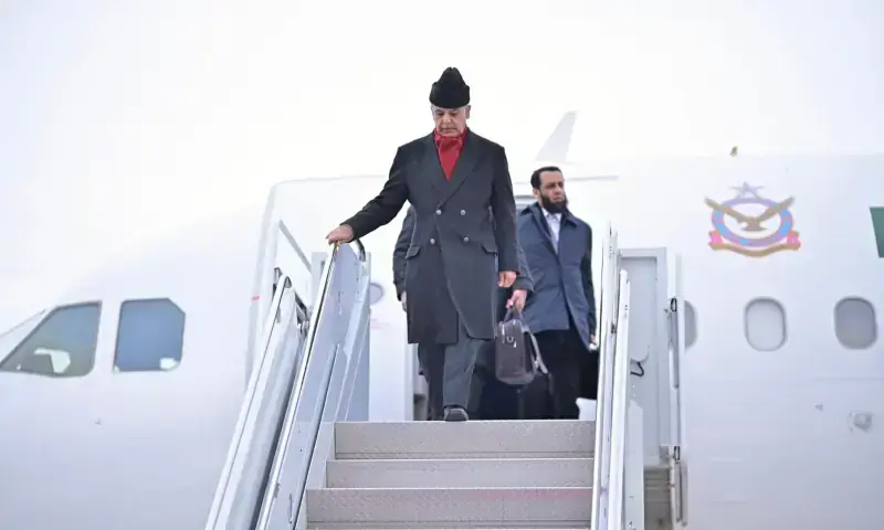 Prime Minister Shehbaz Sharif disembarks in Washington DC, US, to attend the inaugural meeting of the Board of Peace on Feb 19. &mdash; photo Govt of Pakistan X