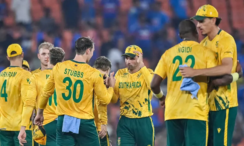 South Africa’s Keshav Maharaj (C) celebrates with teammates after their team’s win at the end of the 2026 ICC Men’s T20 Cricket World Cup Super Eights match between India and South Africa at the Narendra Modi Stadium in Ahmedabad on February 22, 2026. — AFP South Africa’s Keshav Maharaj (C) celebrates with teammates after their team’s win at the end of the 2026 ICC Men’s T20 Cricket World Cup Super Eights match between India and South Africa at the Narendra Modi Stadium in Ahmedabad on February 22, 2026. — AFP