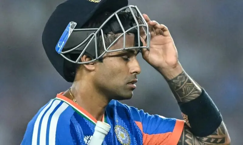 India&rsquo;s captain Suryakumar Yadav walks back to the pavilion after his dismissal against South Africa  during their Super Eights match at the Narendra Modi Stadium on February 22, 2026. &mdash; AFP