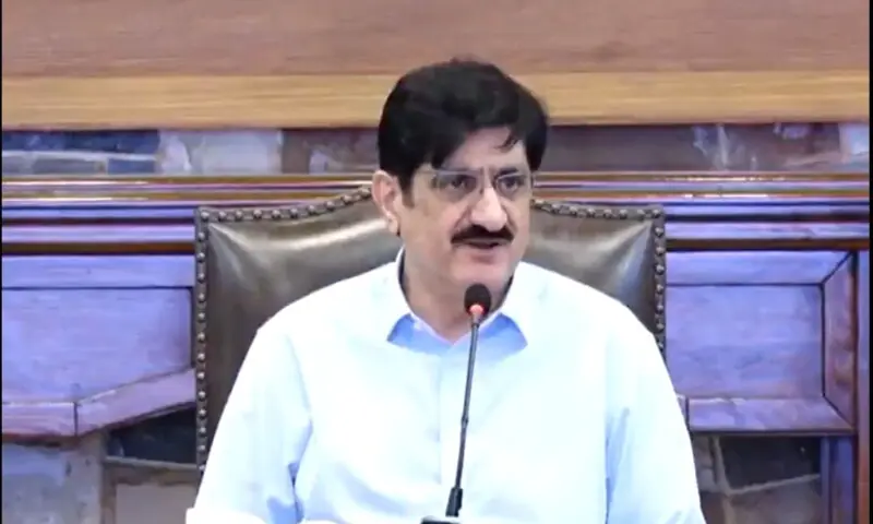Chief Minister of Sindh Syed Murad Ali Shah addresses a meeting on Monday Feb 23. &mdash;Photo courtesy @SindhCMHouse/X
