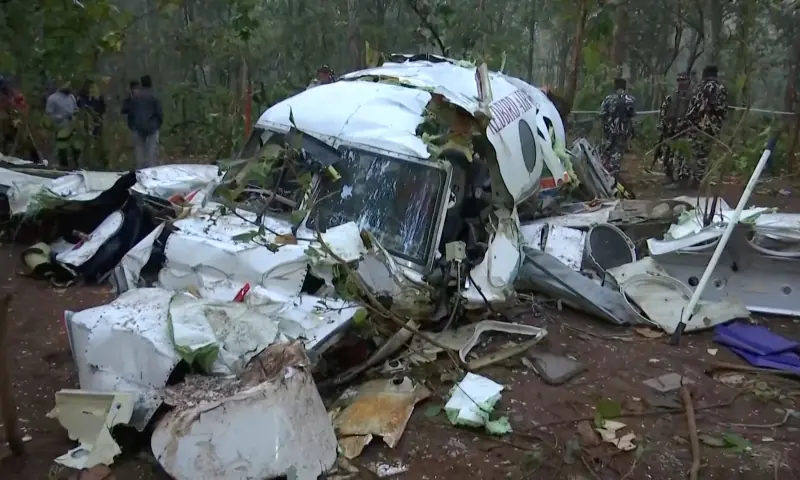 Police and security personnel work at the site where the Beechcraft air ambulance crashed, killing all seven people on board, in Chatra, Jharkhand, India on February 24, 2026, in this screengrab taken from a video. — Reuters Police and security personnel work at the site where the Beechcraft air ambulance crashed, killing all seven people on board, in Chatra, Jharkhand, India on February 24, 2026, in this screengrab taken from a video. — Reuters