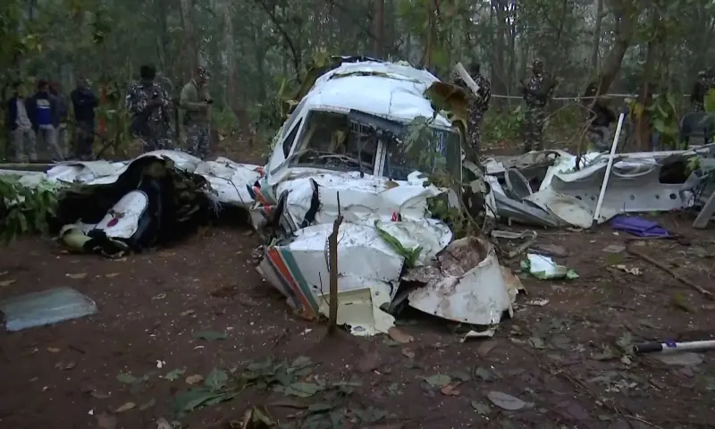 Police and security personnel work at the site where the Beechcraft air ambulance crashed, killing all seven people on board, in Chatra, Jharkhand, India on February 24, 2026, in this screengrab taken from a video. — Reuters Police and security personnel work at the site where the Beechcraft air ambulance crashed, killing all seven people on board, in Chatra, Jharkhand, India on February 24, 2026, in this screengrab taken from a video. — Reuters