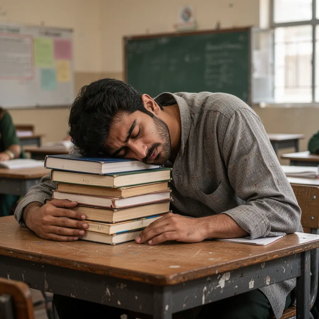 Image showing a young man sleeping over his books in a classroom. — Canva AI