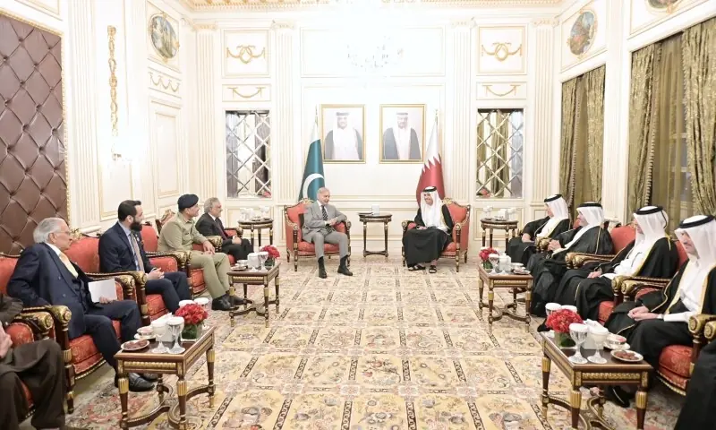 Prime Minister Shehbaz Sharif meets with Qatar Prime Minister and Minister for Foreign Affairs Sheikh Mohammed bin Abdulrahman bin Jassim Al Thani in Doha. &mdash; PID
