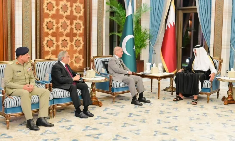 Prime Minister Shehbaz Sharif meets Qatar Emir Sheikh Tamim bin Hamad Al Thani in Doha. &mdash; PID