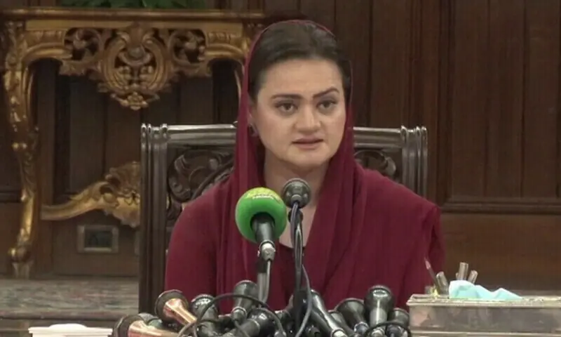 Minister Marriyum Aurangzeb speaks to the press on Aug 18, 2024. &mdash; DawnNewsTV/File