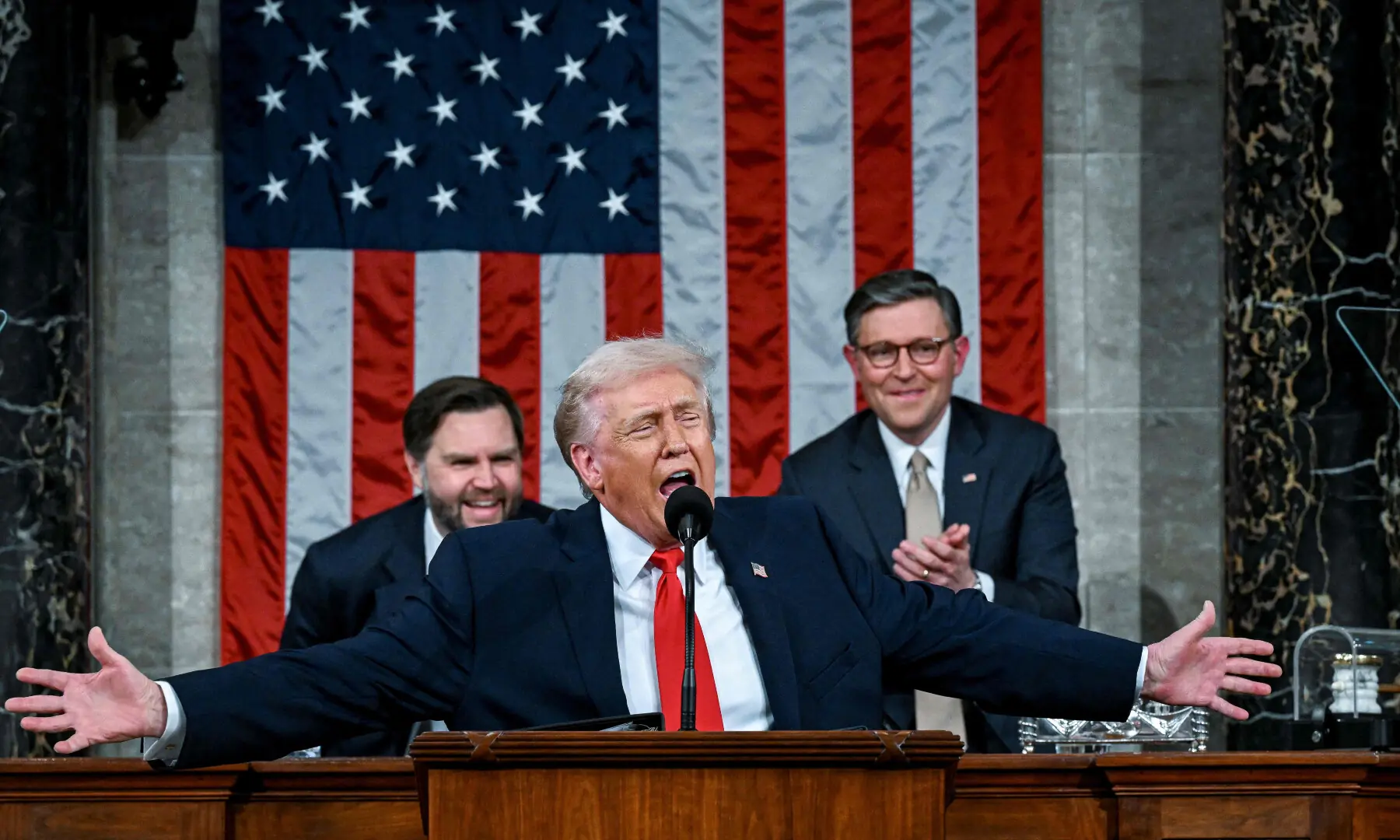 US President Donald Trump delivers the first State of the Union address of his second term to a joint session of Congress in the House Chamber of the United States Capitol in Washington, DC, on Feb 24, 2026. &mdash; AFP