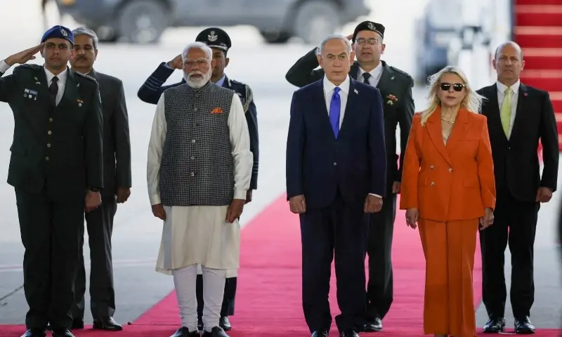 India&rsquo;s Prime Minister Narendra Modi, Israel&rsquo;s Prime Minister Benjamin Netanyahu and Netanyahu&rsquo;s wife Sara Netanyahu attend a welcome ceremony upon Modi&rsquo;s arrival at Ben Gurion International Airport in Lod, near Tel Aviv, Israel February 25. &mdash; Reuters