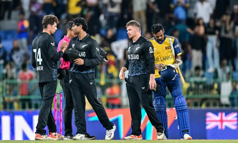 New Zealand&rsquo;s Rachin Ravindra (2L) and captain Mitchell Santner (L) celebrate their team&rsquo;s win at the end of the 2026 ICC Men&rsquo;s T20 Cricket World Cup Super Eights match between Sri Lanka and New Zealand at the R Premadasa Stadium in Colombo on February 25, 2026. &mdash; AFP