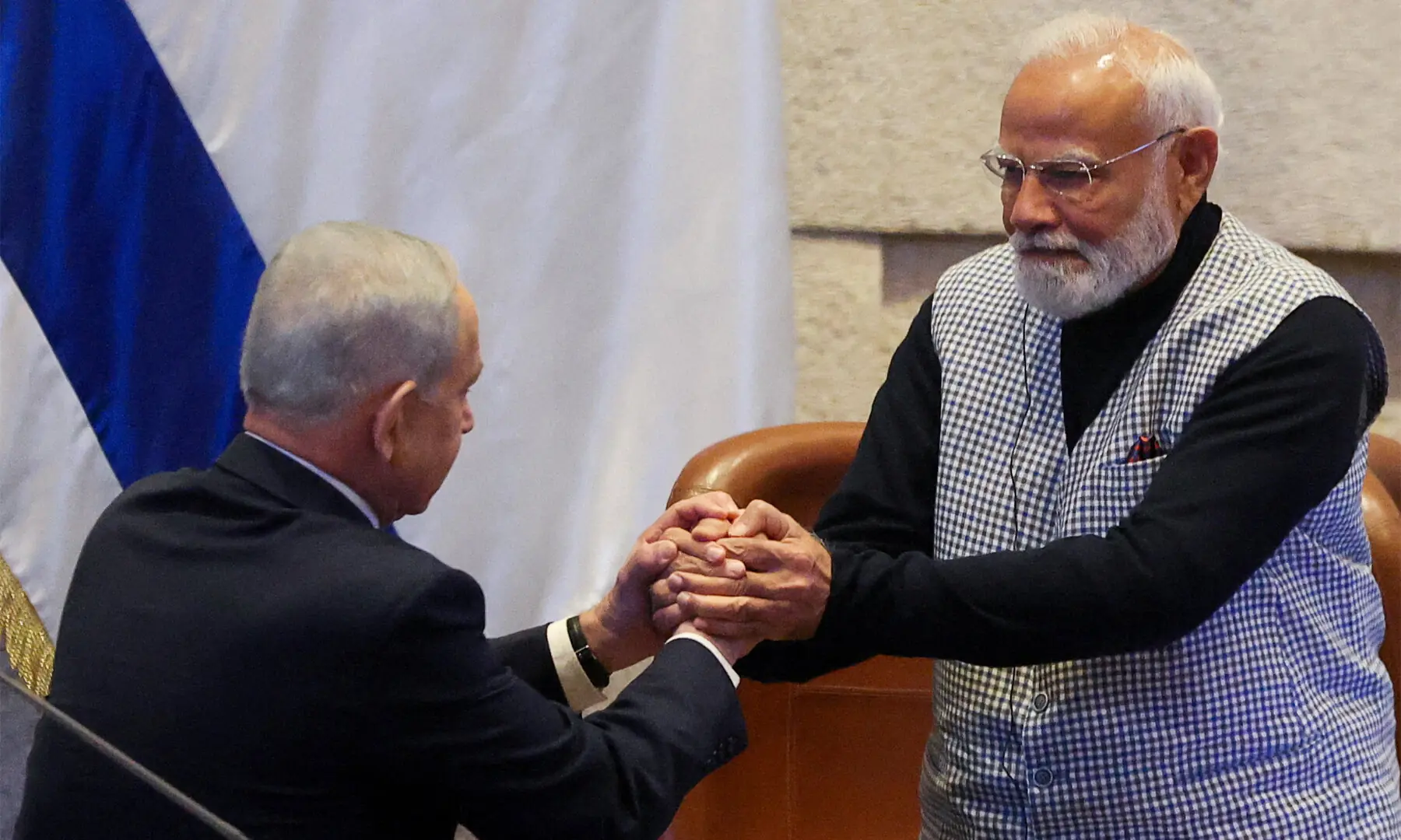 Israel&rsquo;s Prime Minister Benjamin Netanyahu greets India&rsquo;s Prime Minister Narendra Modi, during a special session of the Knesset, Israel&rsquo;s parliament, in Jerusalem February 25, 2026. &mdash; Reuters