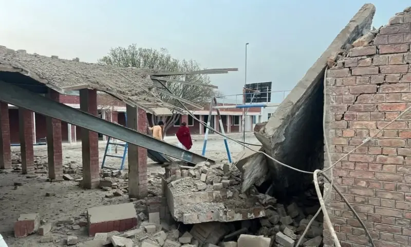 The remains of the damaged building of Government High School Shamazan Kot in North Waziristan after a suspected drone strike, on Feb 26. &mdash; via Haji Pazir Gul