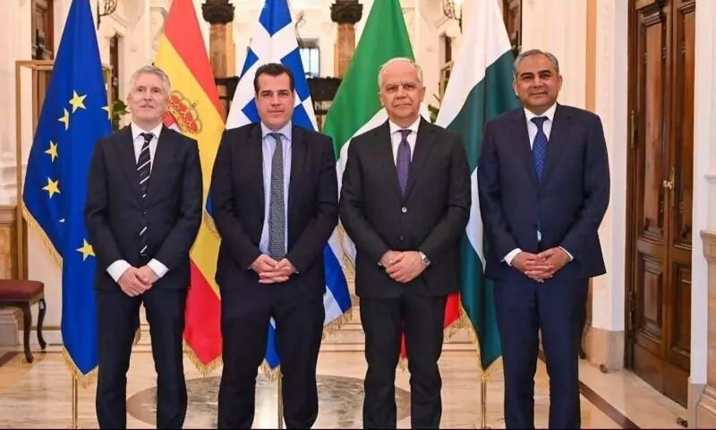 Interior Minister Mohsin Naqvi, Italy’s Interior Minister Matteo Piantedosi, Spain’s Interior Minister Fernando Grande-Marlaska, and Greece’s Migration Minister Athanasios Plevris pose for a picture as they meet in Rome on February 26, 2026. — MohsinnaqviC42/X Interior Minister Mohsin Naqvi, Italy’s Interior Minister Matteo Piantedosi, Spain’s Interior Minister Fernando Grande-Marlaska, and Greece’s Migration Minister Athanasios Plevris pose for a picture as they meet in Rome on February 26, 2026. — MohsinnaqviC42/X