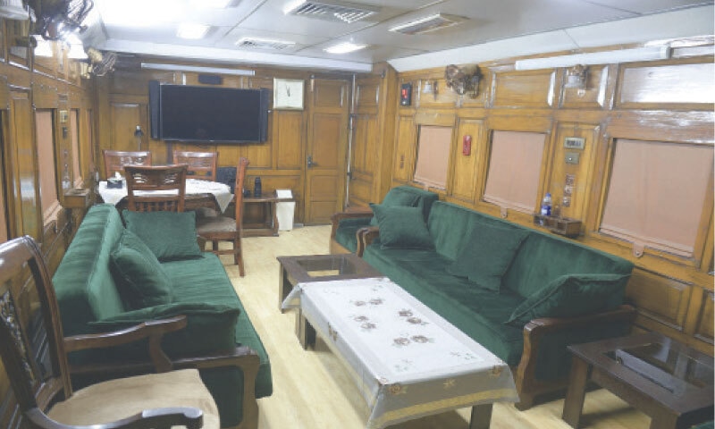 The view of main hall where the ministers held meeting during travel on long route from Karachi to Peshawar, Quetta or other parts of the country. TV and WiFi connected in the saloon.