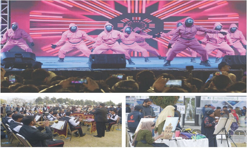 (Clockwise from top) Monal Group performs a dance, an army band plays various tunes while visitors try their hand at painting on the last day of the Islamabad Tourism Sports and Family Festival on Sunday. — Photos by Mohammad Asim (Clockwise from top) Monal Group performs a dance, an army band plays various tunes while visitors try their hand at painting on the last day of the Islamabad Tourism Sports and Family Festival on Sunday. — Photos by Mohammad Asim