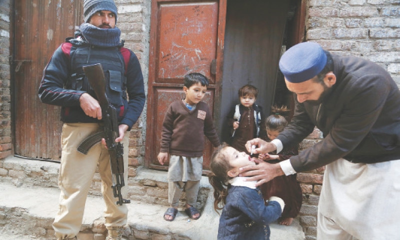 A health worker administers polio drops to children in Khan Mast Colony, Peshawar, on Monday. &mdash; White Star
