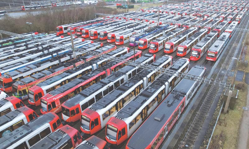 TRAMS of Cologne&rsquo;s municipal transport service sit idly in a depot.&mdash;Reuters