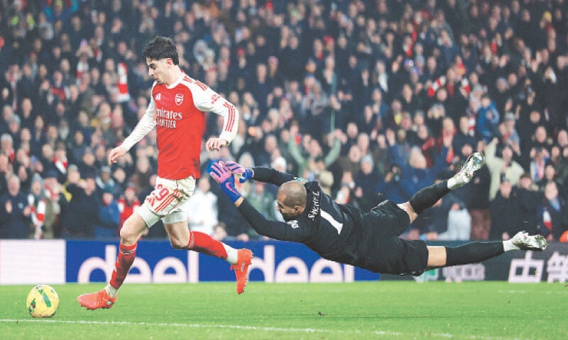 LONDON: Arsenal&rsquo;s Kai Havertz scores against Chelsea during the League Cup semi-final second leg at the Emirates Stadium.&mdash;Reuters