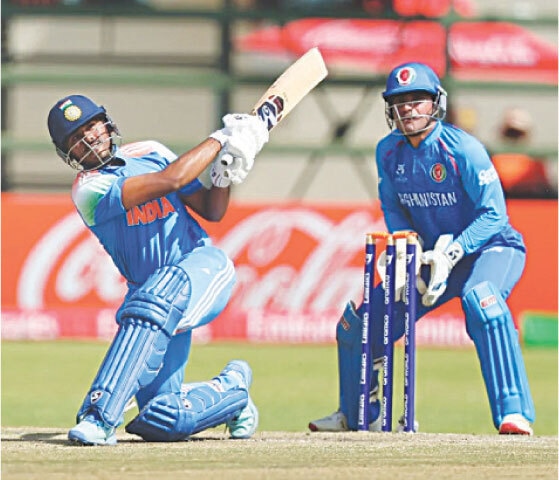 HARARE: Indian captain Ayush Mhatre plays a lofted stroke as his Afghanistan counterpart Mahboob Khan looks on during the ICC U-19 World Cup semi-final at the Harare Sports Club on Wednesday.&mdash;Courtesy ICC