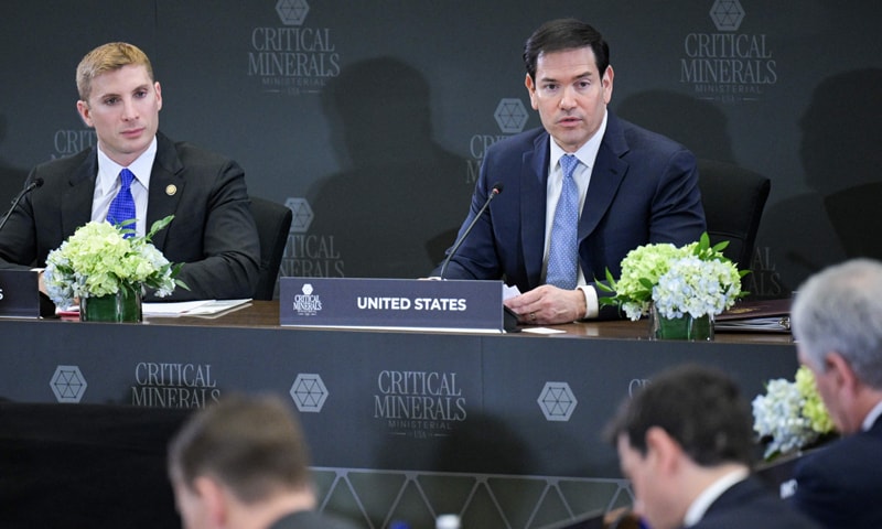 US Secretary of State Marco Rubio speaks alongside Jacob Helberg during the inaugural Critical Minerals Ministerial meeting.&mdash; AFP