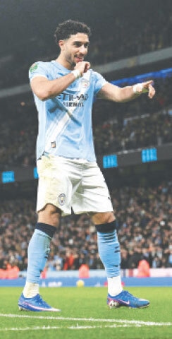 MANCHESTER City’s Omar Marmoush celebrates after scoring against Newcastle United during their League Cup semi-final second leg at the Etihad Stadium.—AFP
